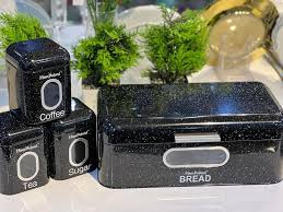 Black Speckled Granite Bread Box with 3 Matching Canisters for Tea, Coffee, Sugar