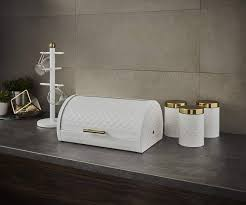 White Diamond Textured Roll Top Bread Box & 3 Matching Tea Coffee Sugar Canisters with Gold Lids