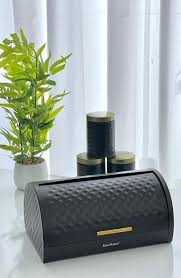 Matte Black Diamond Textured Roll Top Bread Box & 3 Matching Tea Coffee Sugar Canisters with Gold Lids