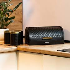 Matte Black Diamond Textured Roll Top Bread Box & 3 Matching Tea Coffee Sugar Canisters with Gold Lids