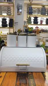 White Diamond Textured Roll Top Bread Box & 3 Matching Tea Coffee Sugar Canisters with Gold Lids