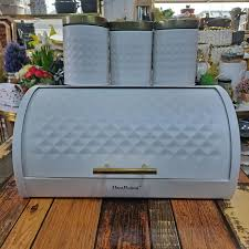 White Diamond Textured Roll Top Bread Box & 3 Matching Tea Coffee Sugar Canisters with Gold Lids