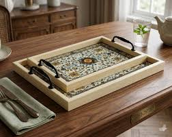 3-Piece Light Wood Style Nested Trays with Glass Top & Black Handles