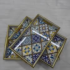 Premium 3-Piece Gold Framed Moroccan Tile Serving Tray Set