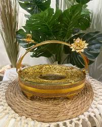 Round Glass Centerpiece Tray with Ornate Floral Filigree
