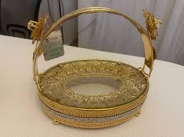 Round Glass Centerpiece Tray with Ornate Floral Filigree
