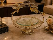 Luxury Gold Pedestal Serving Platter with Crown Handle