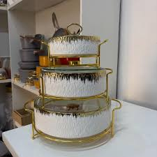 Luxury 3-Piece White & Gold Textured Ceramic Buffet Warmer Set