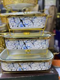 Luxury 3-Piece Blue & Gold Marble Ceramic Buffet Warmer Set