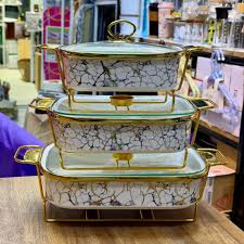 Luxury 3-Piece Black & Gold Marble Ceramic Buffet Warmer Set