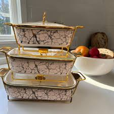 Luxury 3-Piece Black & Gold Marble Ceramic Buffet Warmer Set