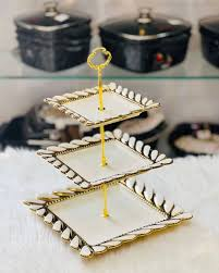 Luxury Ornate Gold Plated 3-Tiered Square Ceramic Dessert Stand
