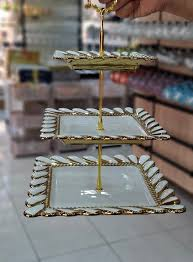 Luxury Ornate Gold Plated 3-Tiered Square Ceramic Dessert Stand