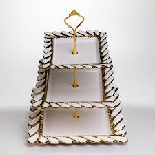 Luxury Ornate Gold Plated 3-Tiered Square Ceramic Dessert Stand