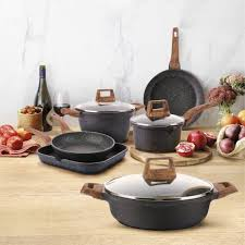 Luxury Speckled Black Granite Non-Stick Cookware Set with Wood-Texture Handles