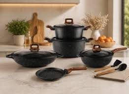 Luxury Speckled Black Granite Non-Stick Cookware Set with Wood-Texture Handles