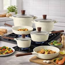 Luxury Ribbed White Non-Stick Cookware Set with Brown Handles