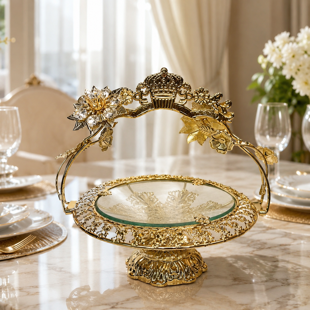 Luxury Gold Pedestal Serving Platter with Crown Handle