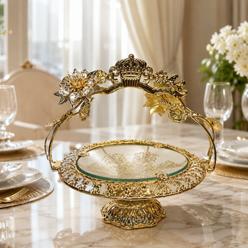 Luxury Gold Pedestal Serving Platter with Crown Handle