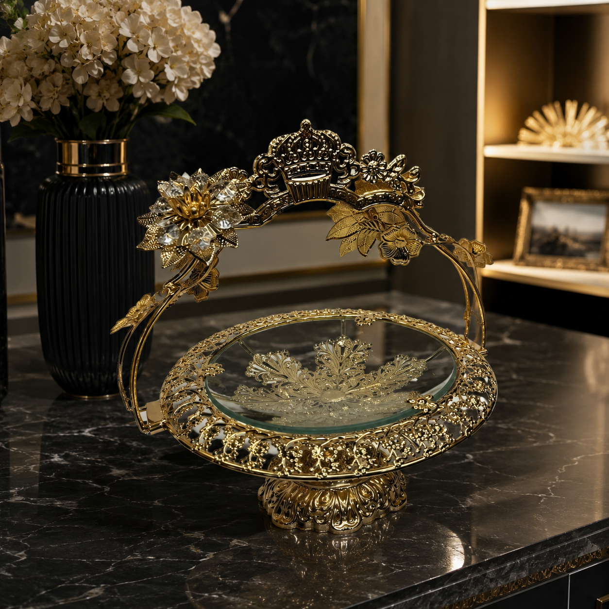 Luxury Gold Pedestal Serving Platter with Crown Handle