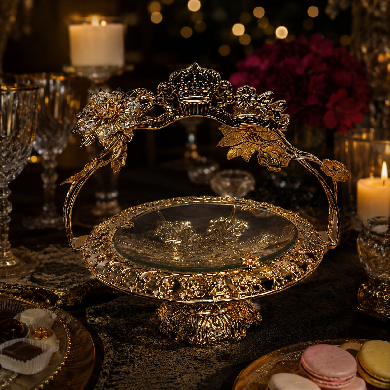 Luxury Gold Pedestal Serving Platter with Crown Handle