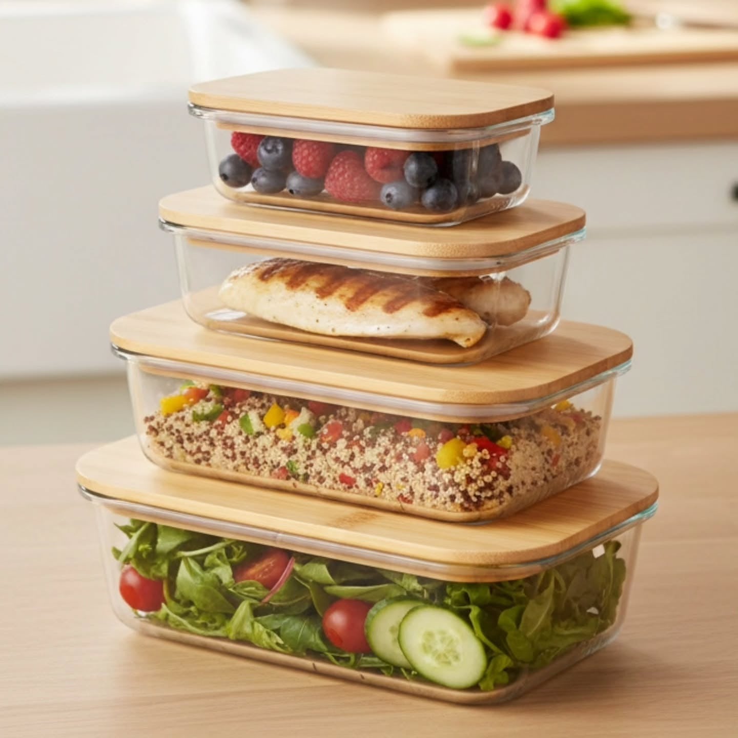 Square Glass Storage Box Set with Organic Bamboo Lids – 4-Piece Airtight Food Containers