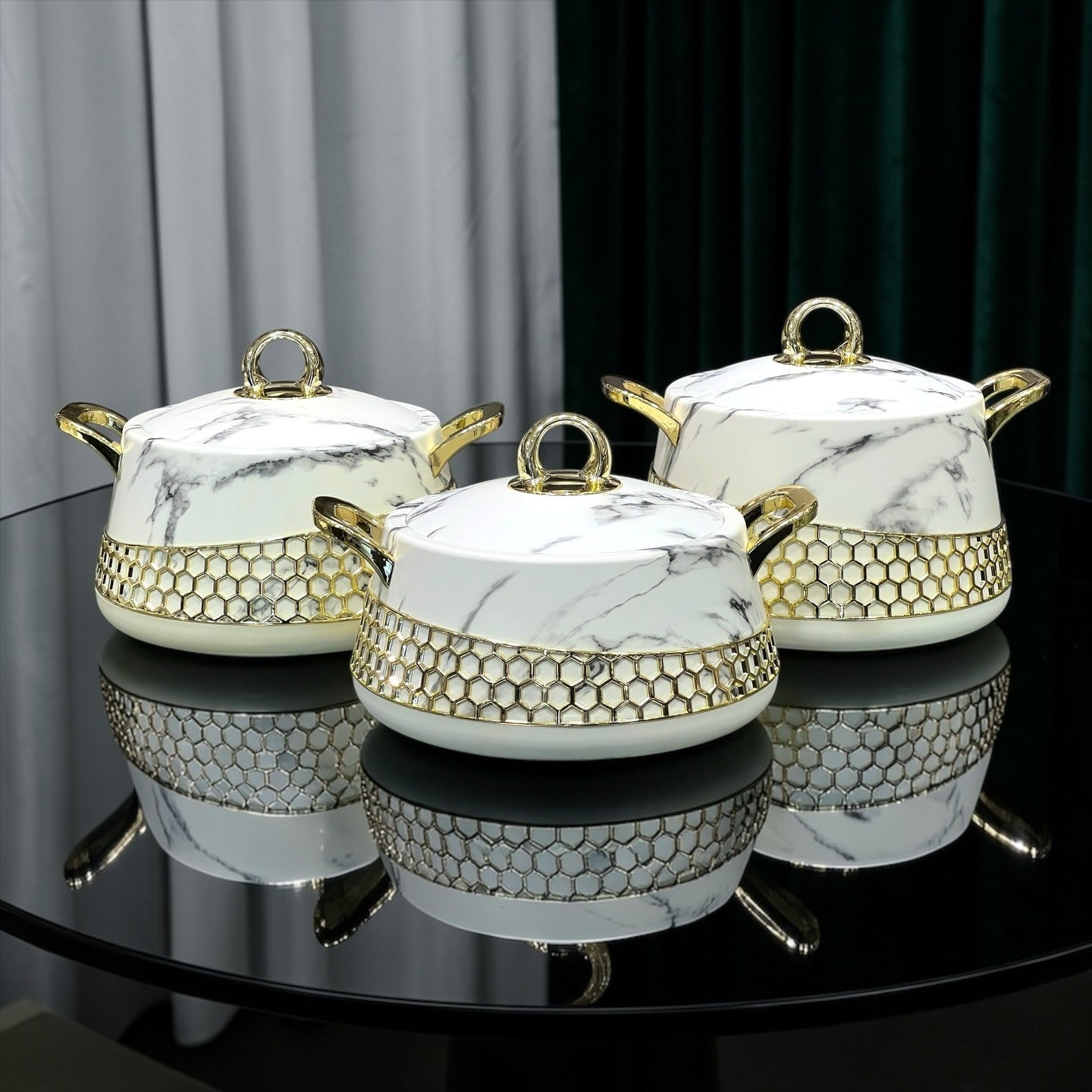 Luxury 3-Piece White Marble Insulated Hotpot Set for Food Warmer |