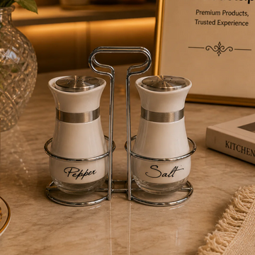 Modern White Salt and Pepper Shaker Set with Chrome Holder