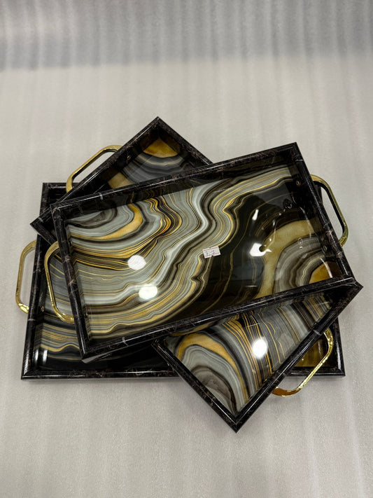 3-Pieces Black Aesthetic & Gold Marble-look Serving Tray set